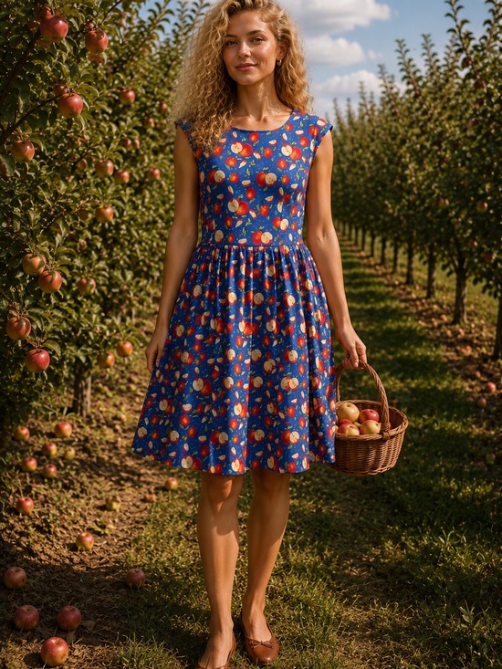 Tulip B Dresses & Skirts - NWT Blue Apple-Print Fit & Flare Midi Dress Sleeveless Cotton Lined Pockets